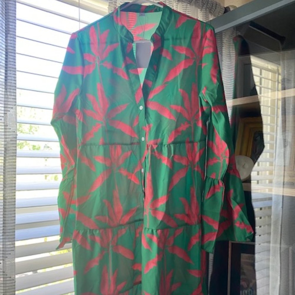 Green dress with pink floral print